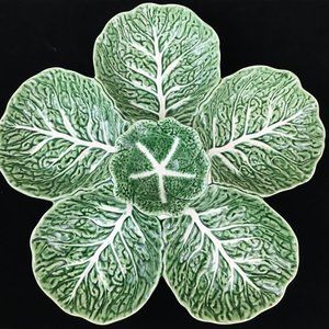 Vintage Bordallo Pinheiro Cabbage Green Majolica Relish Serving Dish Large 15"